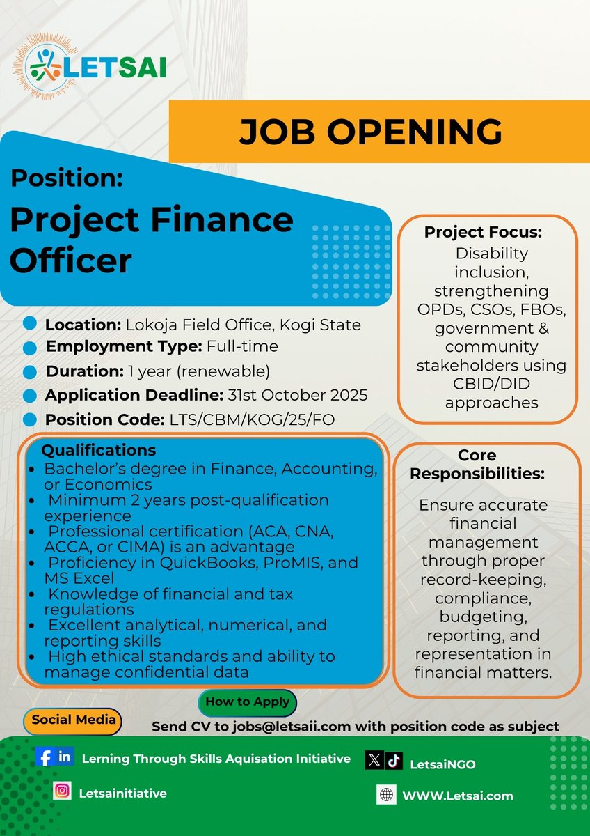 LetsaiNgo's tweet image. We’re Hiring: Project Finance Officer

#FinanceOfficer 
#JobOpportunity 
#NGOJobs 
#Accountability 
#InclusiveDevelopment 
#KogiJobs 
#JoinOurTeam 
#WomenInFinance 
#DevelopmentJobs 
#NigeriaJobs

@UNICEF_Nigeria
@UN
@UNHumanRights
