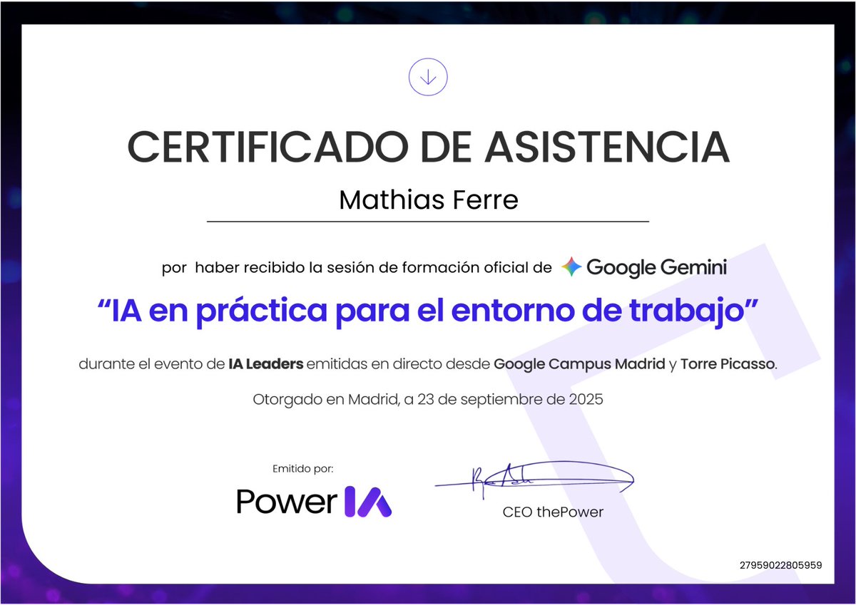 Acabo de completar el curso “AI with Google Gemini” de thePower, certificado por Sertifier.

Experiencia increíble aprendiendo cómo aplicar IA de forma práctica y estratégica.

#AprendizajeContinuo #thePower #GoogleGemini
#digitalbadge #digitalcertificate #digitalcredentials