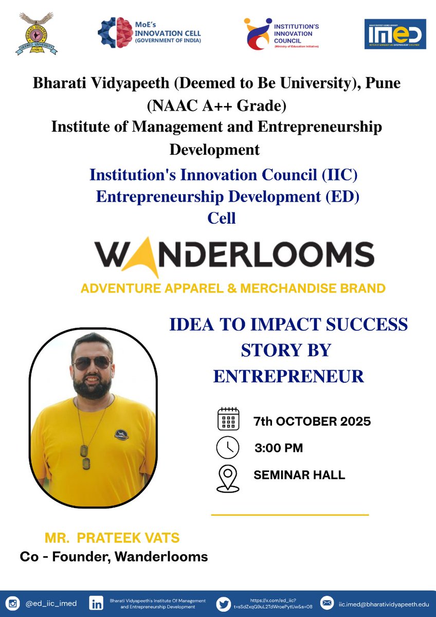 ed_iic's tweet image. Get ready to accelerate your dreams!IMED'S IIC &amp;amp; ED Cellis are excited to host an inspiring session with
Mr.Prateek Vats, Co-Founder of 
Wanderlooms, featured on Shark Tank India S4.

Join us to get inspired and ride the path of innovation together! 

#imed #edcell #innovation