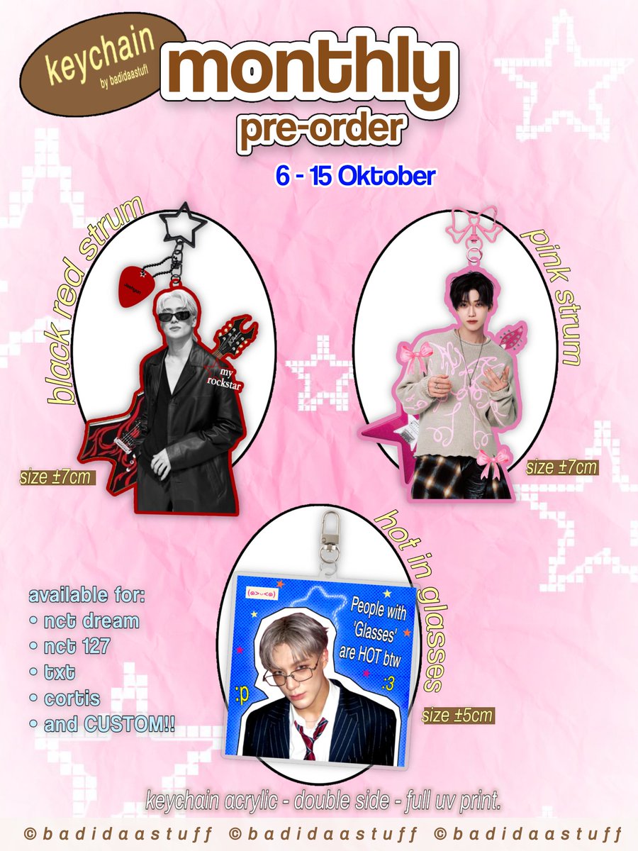 badidaastuff's tweet photo. say hi to new catalog, baddiez!🎸🖤🎀

Monthly Pre-Order by badidaastuff
Po period: 6 - 15 Oktober
- Keychain &amp; Pin button Black Red Strum🖤
- Keychain &amp; Pin button Pink Strum🎀
- Keychain Hot in Glasses😎

Details on gform
🔗https://t.co/iJIISPHCfH
[like n share are appreciated] https://t.co/ly8GFFNSZv