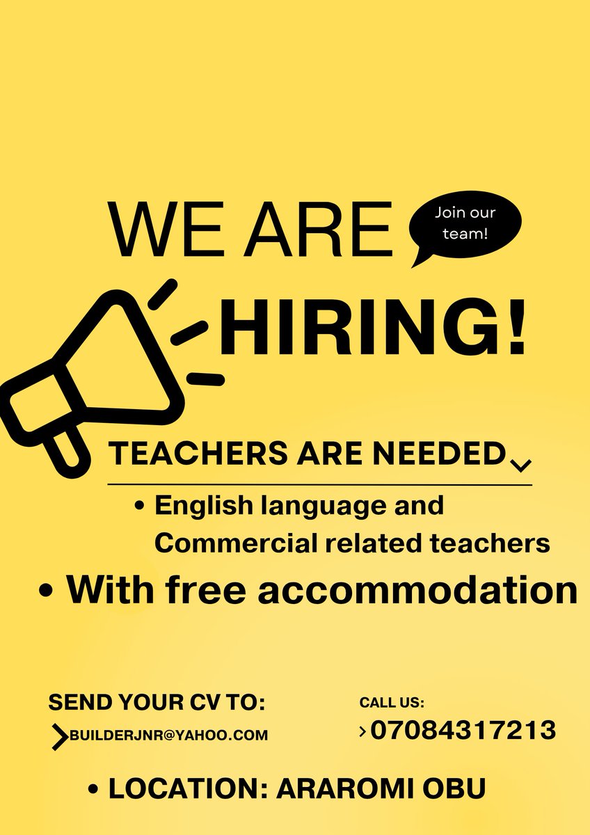 Akure360's tweet image. #JOBVACANCY.
Job Openings at Our College
English Teacher
We&apos;re seeking a passionate English teacher to inspire students and foster a love for language and literature.
#Qualifications: Bachelor&apos;s degree in English or related field, teaching certification preferred.
#ApplyNow