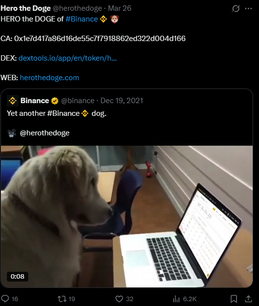 So <a href="/binance/">Binance</a> shilled a dog called $hero on their twitter and the linked twitter has ca sitting at 60k? Its free af

0x1e7d417a86d16de55c7f7918862ed322d004d166
