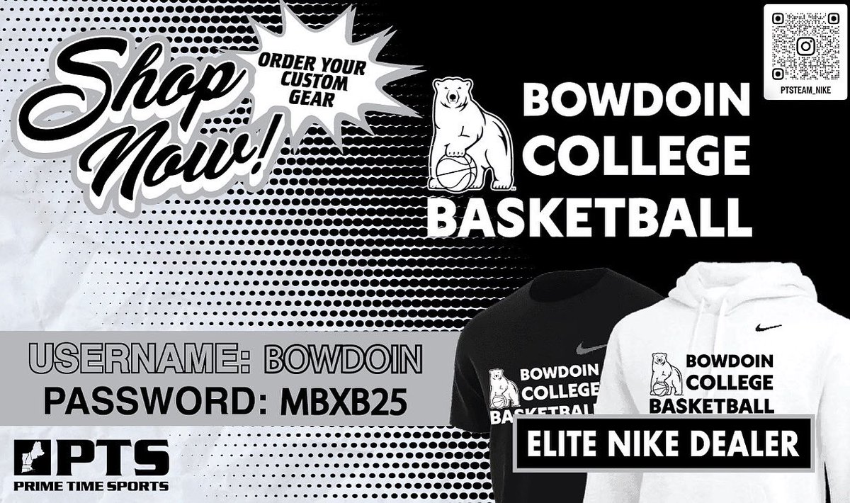 The Bowdoin Men’s Basketball Team Store is now available! Get all your Bowdoin gear using the link below.

ptsteam.com/store/index.ph…

Use the username and password on the flier to start shopping. The store closes October 13th. Happy shopping!