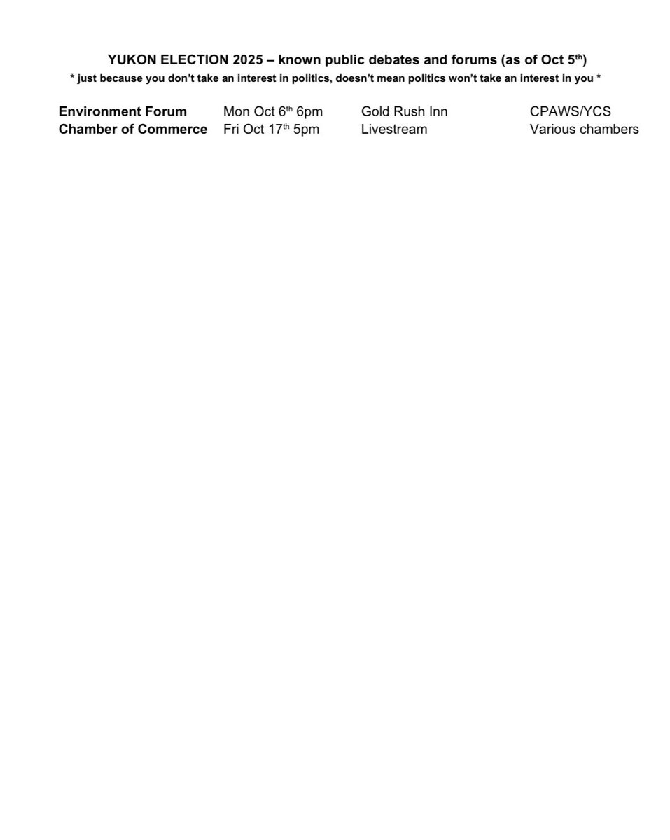 Updated Yukon Territorial Election list of candidates as of Oct 5th! Now with debates and forums! And speaking of such, the Environment Forum is tonight!  

Any additions/corrections welcome. 

#Yukon #ytpoli #ytelection2025