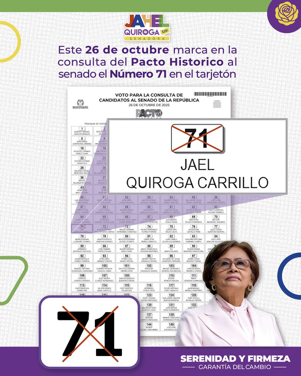 JahelUp's tweet image. Este 26 de octubre los invito a votar 🗳 por el 7️⃣1️⃣ en el tarjetón al Senado del Pacto Histórico. Lo hago con la convicción de siempre: por la dignidad, la memoria y la vida de nuestro pueblo ✊🏽🇨🇴