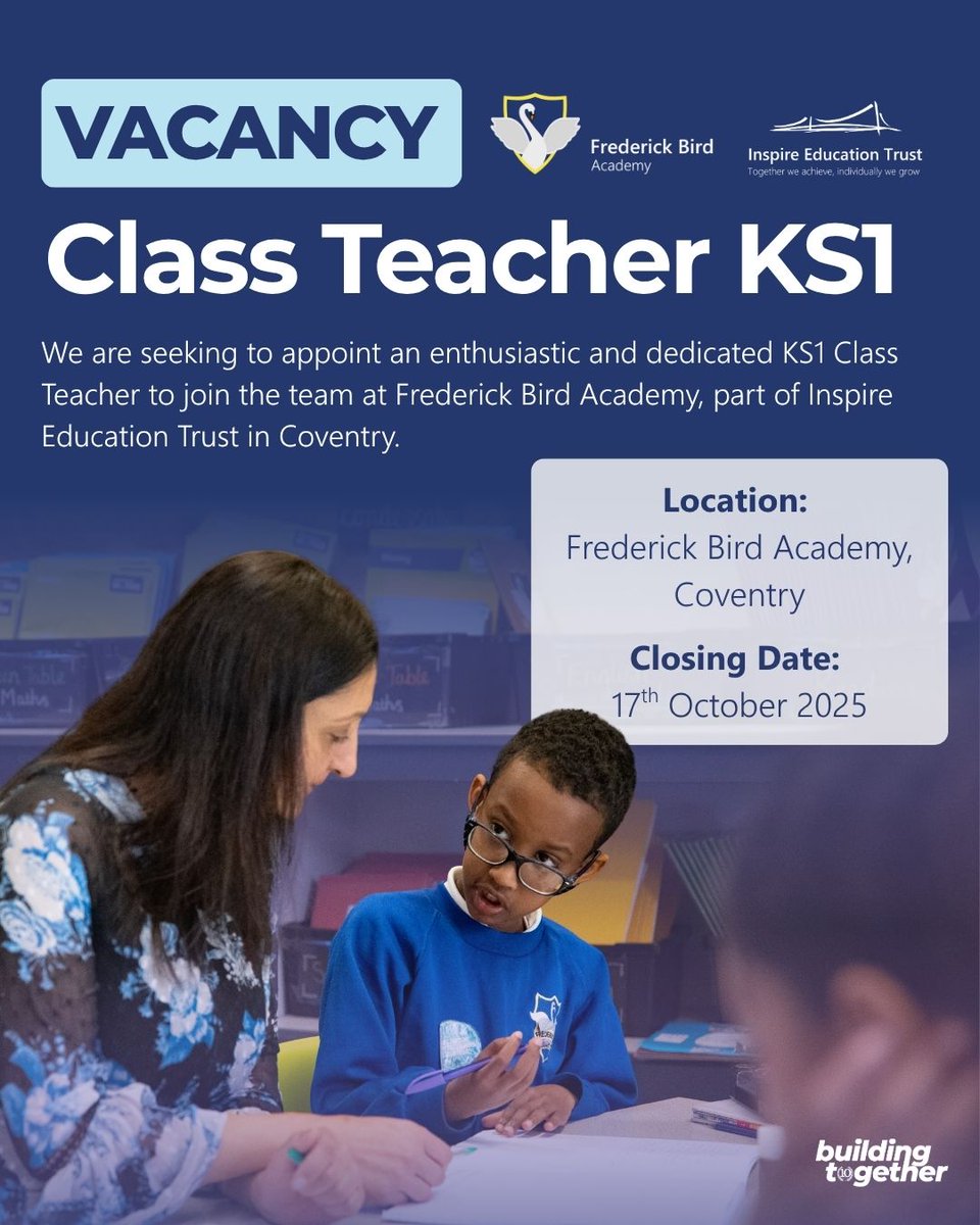 🚀 Career Opportunity: KS1 Class Teacher at Frederick Bird Academy, Coventry! Inspire young learners in a supportive community. 

🌟 Apply now: tinyurl.com/fb-ks1-teacher 

#IETRecruitment25 #TeachingJobs #EducationJobs #Coventry