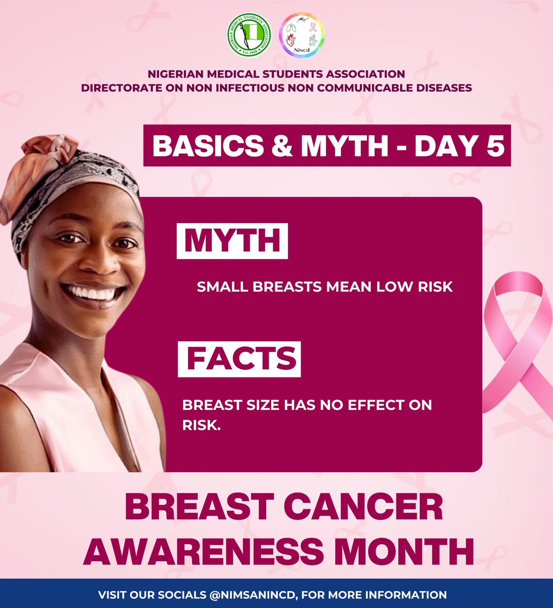 NimsaNincd's tweet photo. Myth: Small breasts mean a lower risk of breast cancer.
Fact: Breast size has no effect on your risk of developing breast cancer.
Cancer can develop in any breast tissue, large or small. What truly matters is regular self-examination, screening, and awareness. 💗 https://t.co/hCu0UuUc3p