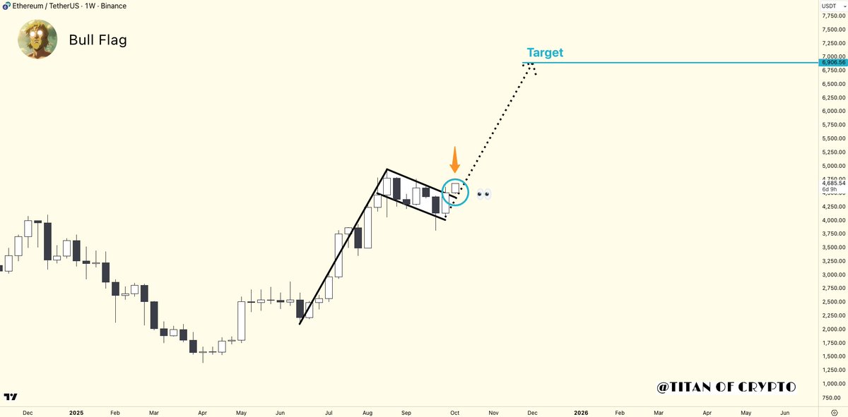 Washigorira's tweet image. #Ethereum BREAKOUT JUST HAPPENED 🚀 

#ETH has broken out of a bull flag on the weekly chart. Textbook continuation pattern.

🎯 Target sits around $6,900.