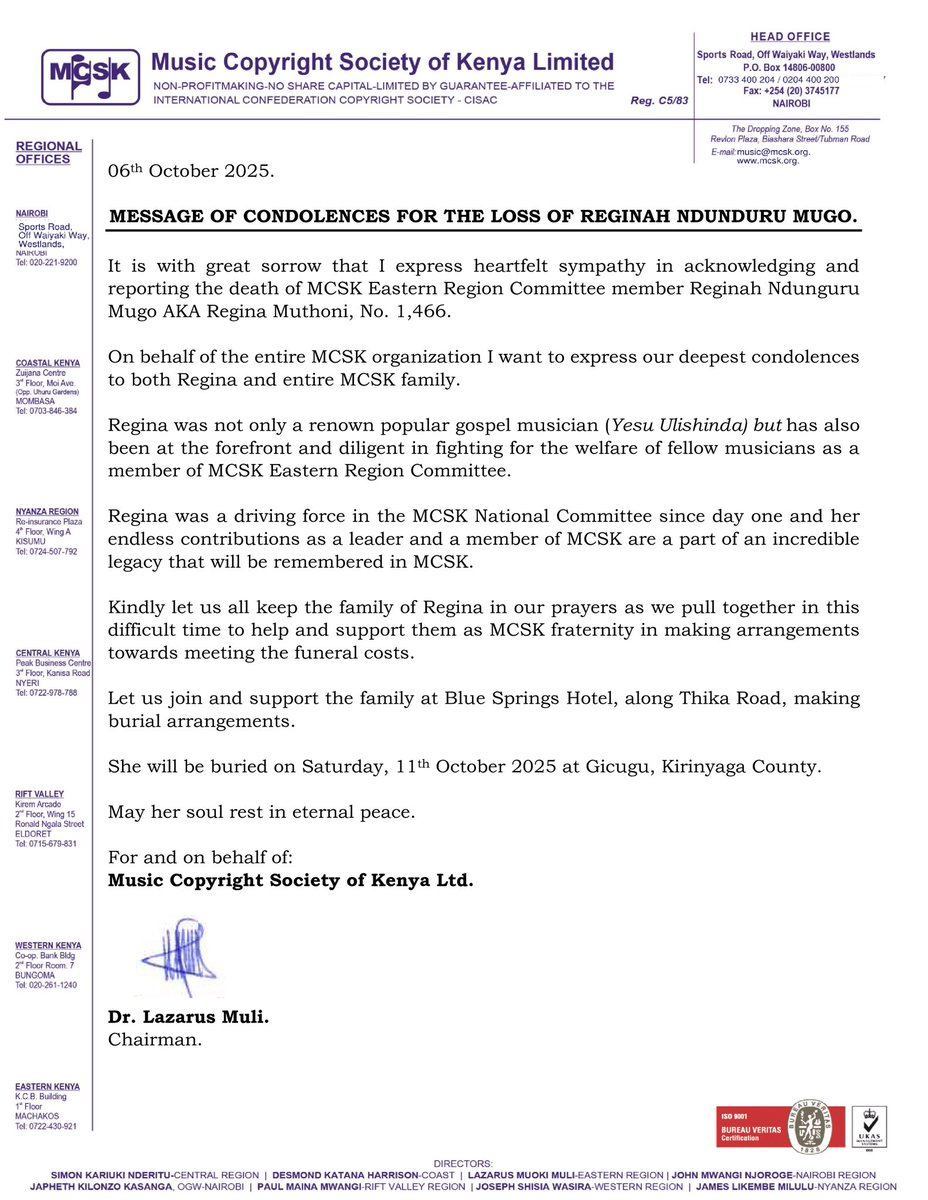 Let’s stand together as the MCSK family in support and prayer during this difficult time. Kindly join us in honoring our dear colleague and friend -The late Regina Ndunguru Mugo,  who blessed us with the renowned song -“Yesu Ulishinda” as we walk with her family through her final