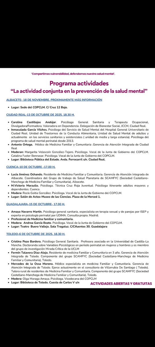 Comenzamos hoy en Toledo la colaboración con el <a href="/colpclm/">COPCLM</a> para celebrar el mes de la Salud Mental: 

Toledo: 6 de octubre, 18:30 .Biblioteca del Álcazar.

Cuenca: 10 de octubre, 17:00 .Salón de actos del Museo de las Ciencias.

Albacete: 18 de noviembre. COPCLM.

Os esperamos: 👇