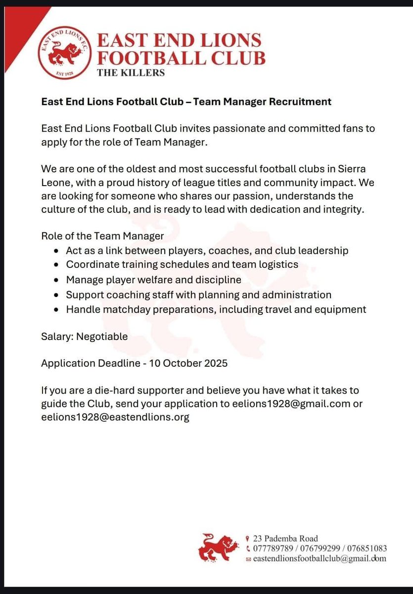 East End Lions Football Club calls for a Team Manager