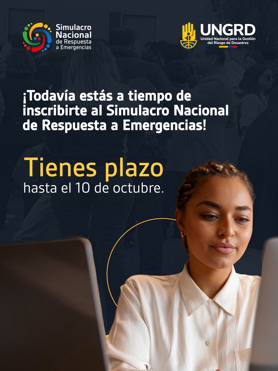 ¡Inscribe tu comunidad, colegio o municipio en el #SimulacroNacional! 🚨

Es la oportunidad para que tu entidad, colegio, comunidad o sector se prepare mejor ante una situación real.

Inscribirte aún tienes plazo hasta el 10 de octubre.

👉 portal.gestiondelriesgo.gov.co/simulacro