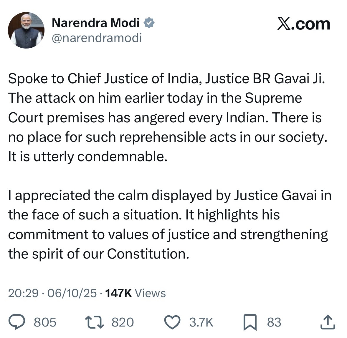 DeepikaSharmaa_'s tweet image. This is the Hindu Hriday Samrat of the Bhajpaiyas. 

Did he not know about the abhorrent remark that CJI Gavai made on Bhagwan Vishnu? 

But this HHS conveniently chose silence then. But today he “spoke” to the CJI. 

Why didn’t he speak to the CJI about that remark and ask him…