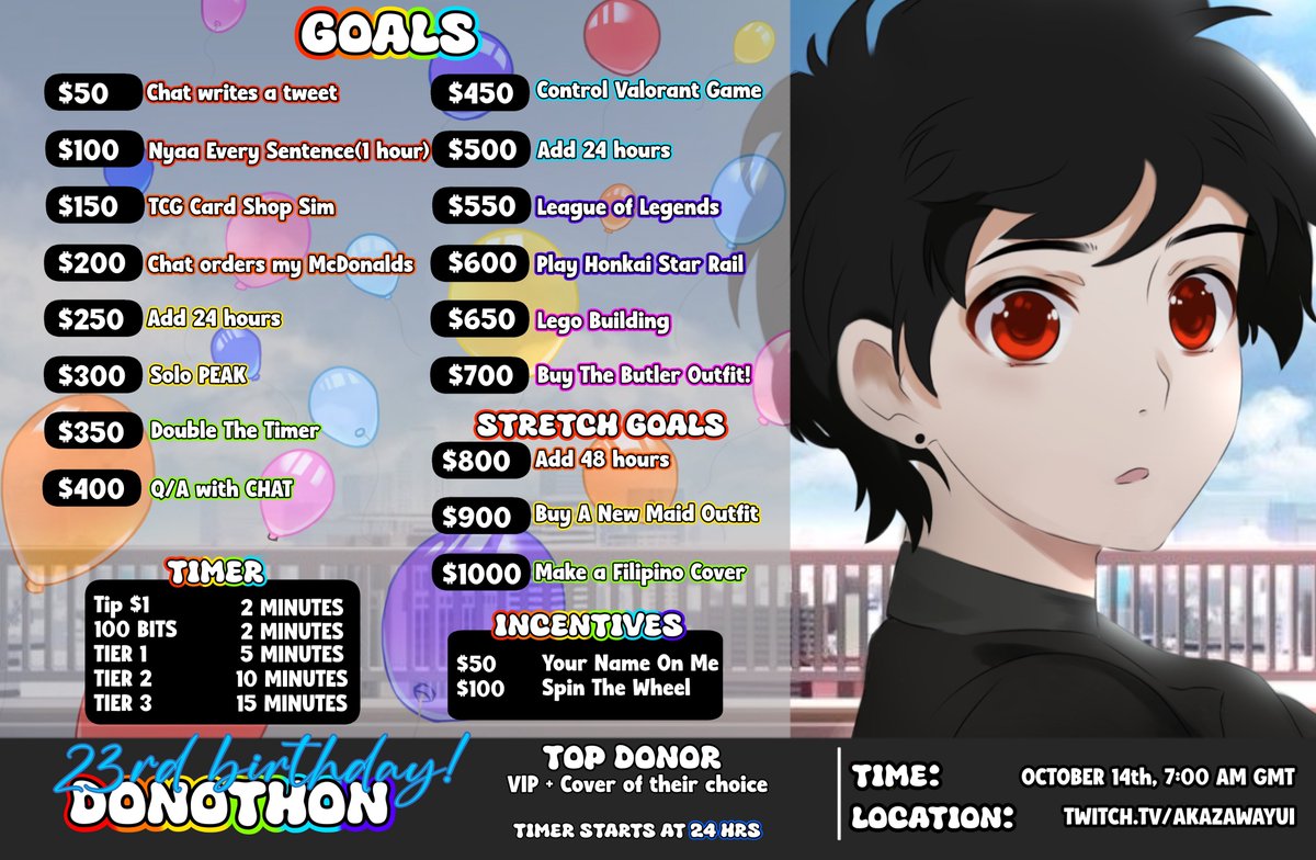 AkazawaYuiVT's tweet image. Yui&apos;s 23rd birthday!🖤

My birthday is coming up, and I&apos;ll be celebrating it by doing uncapped donothon! The money will go toward upgrading my computer setup and for GTA SERVER! So see you there!🎉

🗓️Tuesday, October 14th
⏱️7AM GMT / 3AM EST / 12AM PST
🔗twitch.tv/akazawayui