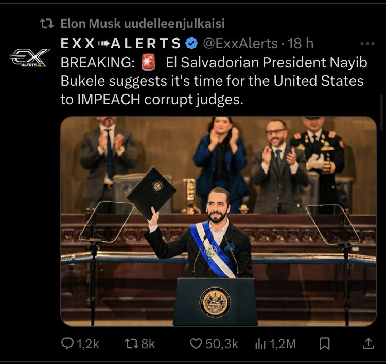 Translation: Musk, Bukele, and Trump want to remove judges who aren’t corrupt enough to help them illegally attack political opponents, turn the US into a one-party state, and let Trump use the National Guard and ICE to target blue cities as training grounds