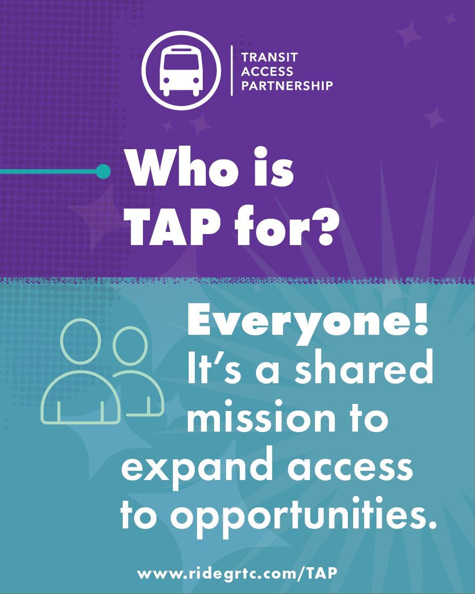 GRTCPulse's tweet image. 💜 Transit opens doors. TAP keeps them open. Supported by a 501(c)(3), the Transit Access Partnership is a shared mission to sustain zero fare and expand access to opportunity for all. 🚍 Get on board: buff.ly/1GiwBjf 
#TAPIntoTransit