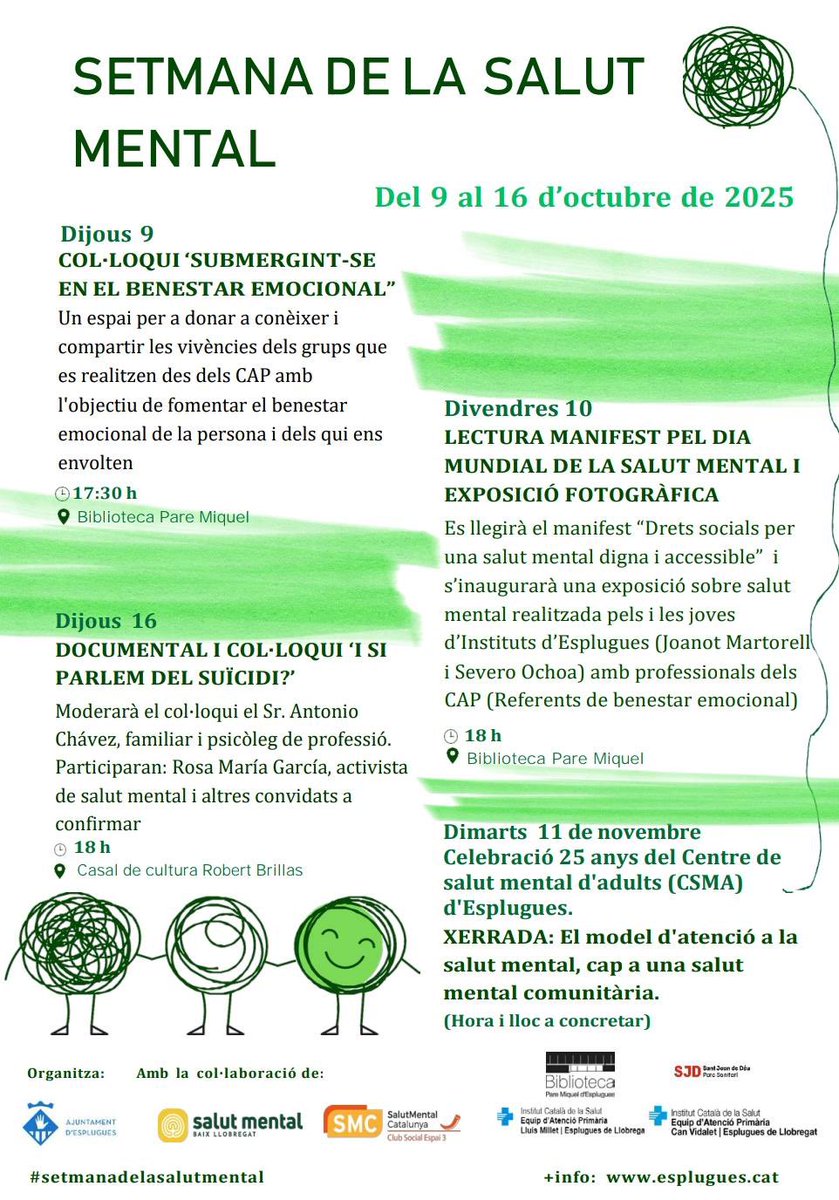 Sota el lema del Manifest ‘Drets socials per una Salut mental digna i accessible’, commemorem a #Esplugues la Setmana de la Salut Mental.

La precarietat laboral, la manca
d’habitatge, la soledat o la discriminació són factors de risc clau.

<a href="/SalutMentalBLL/">Associació Salut Mental Baix Llobregat</a> <a href="/ajesplugues/">Ajuntament d'Esplugues de Llobregat</a> 🪻💜