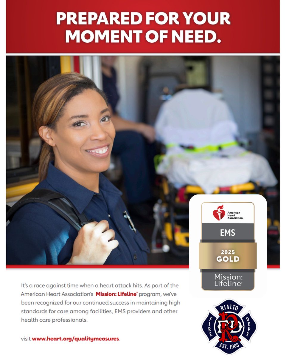 Proud to be nationally recognized by the American Heart Association with a Mission: Lifeline EMS Gold Award for delivering high-quality heart attack and stroke care!

See how we earned it: heart.org/.../mission-li…

#RialtoFireDepartment #EMS #EmergencyResponse #Paramedics #EMT