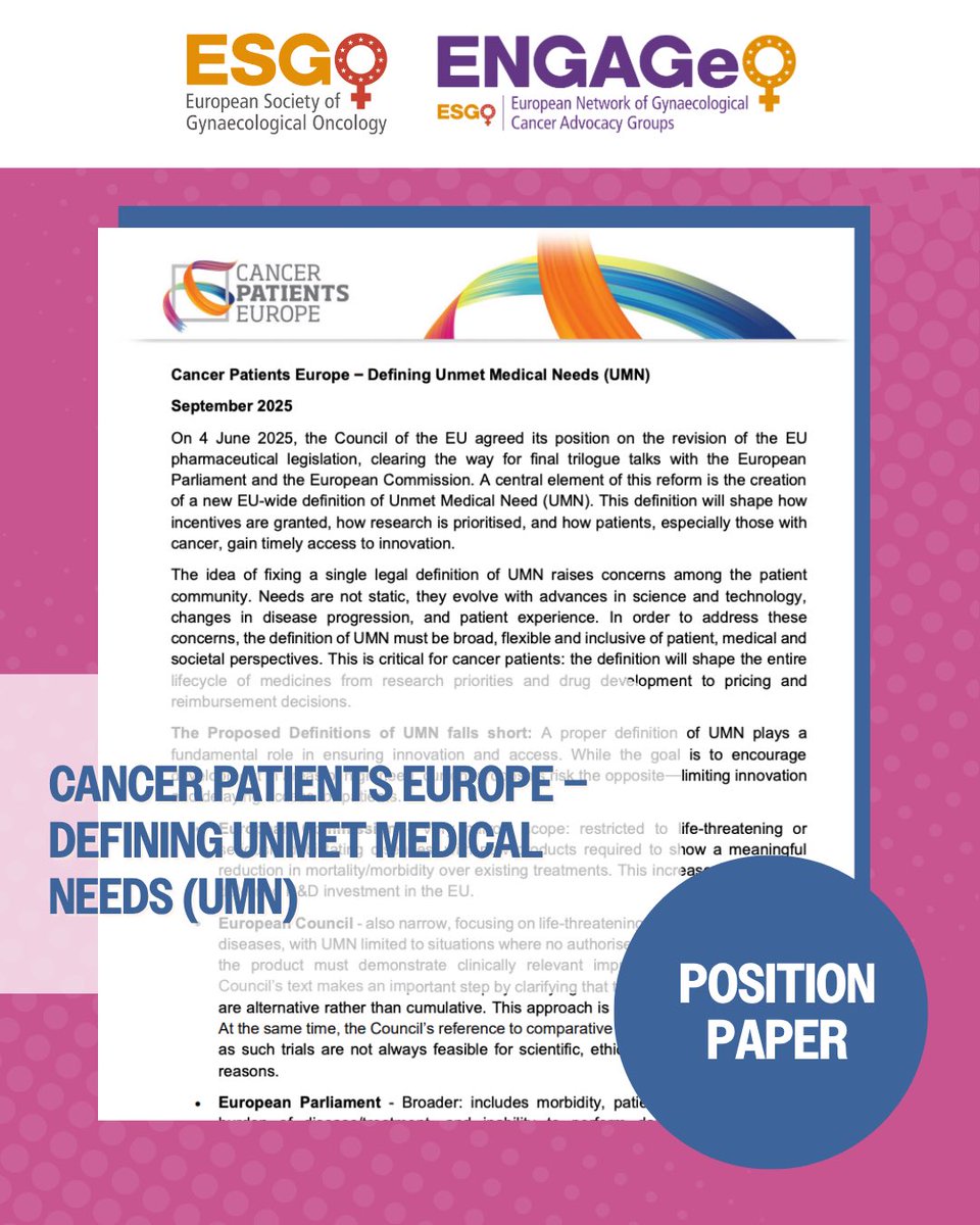 EngageEsgo's tweet image. We are proud to support the Cancer Patients Europe Position Paper on Defining Unmet Medical Needs. 💜

The definition of Unmet Medical Need (UMN) will play a decisive role in how research is prioritised, how innovation is incentivised, and how patients gain timely access to new…