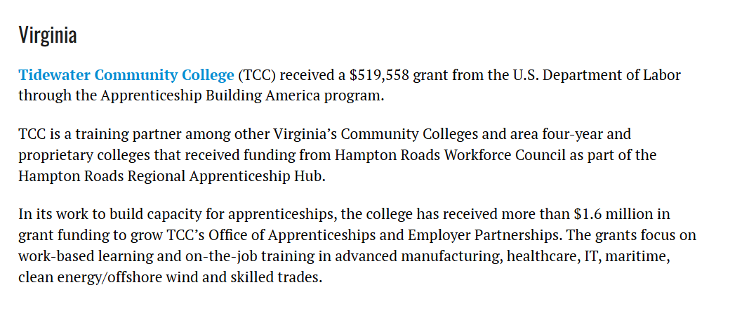 VCCS_SO's tweet image. We ❤️ it when our colleges get ink in the trades! Here's a blurb on @TCCva's $519,558 grant from the U.S. Department of Labor as it appears in CC Daily.  #publicity