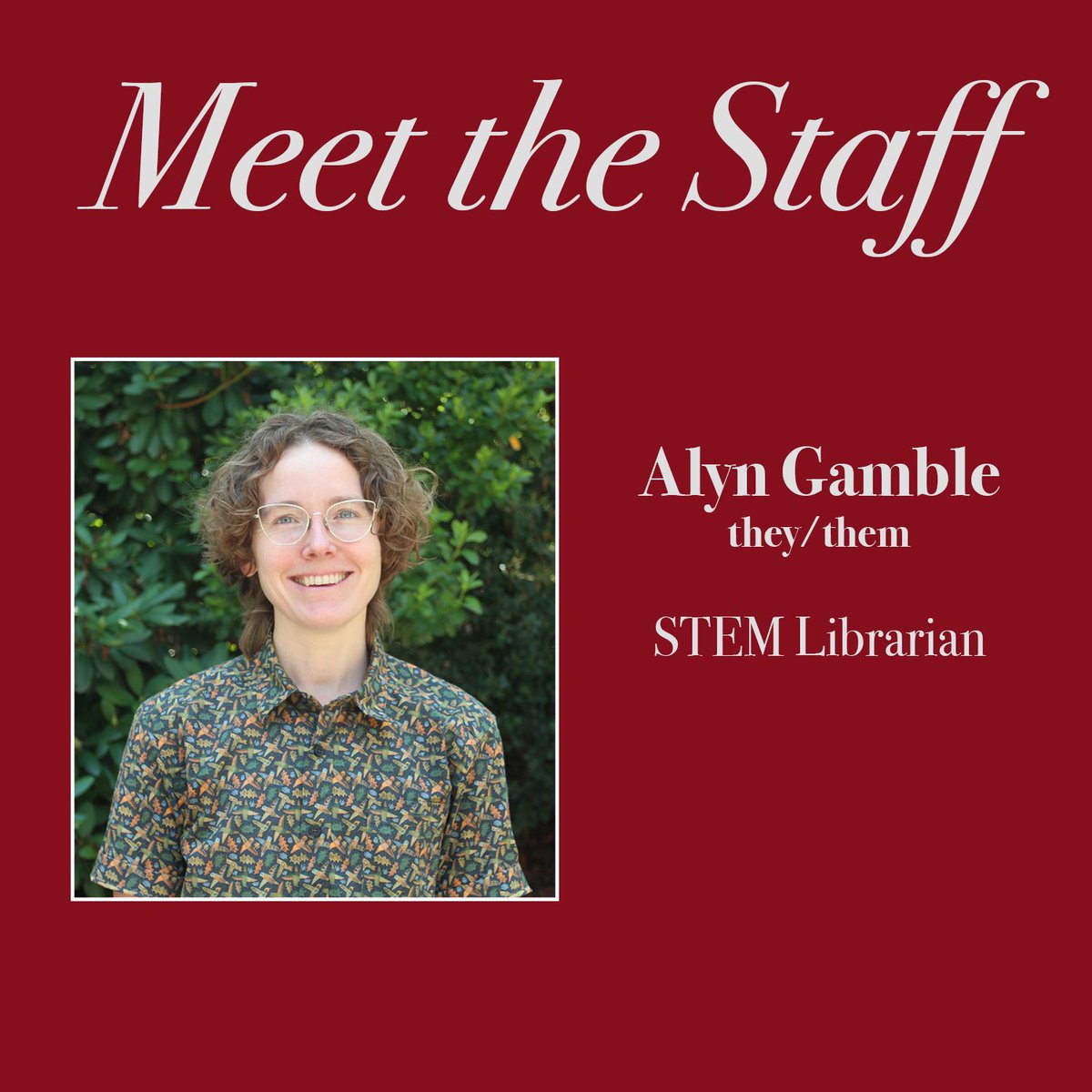 NortheasternLib's tweet image. Meet Alyn! Alyn Gamble is our STEM Librarian and assists students and faculty with their research needs. They&apos;re also a Dr. Doolittle, with a lifelong love of snakes and birds, and has even taught their cats to sit on command!

#MeetTheStaff