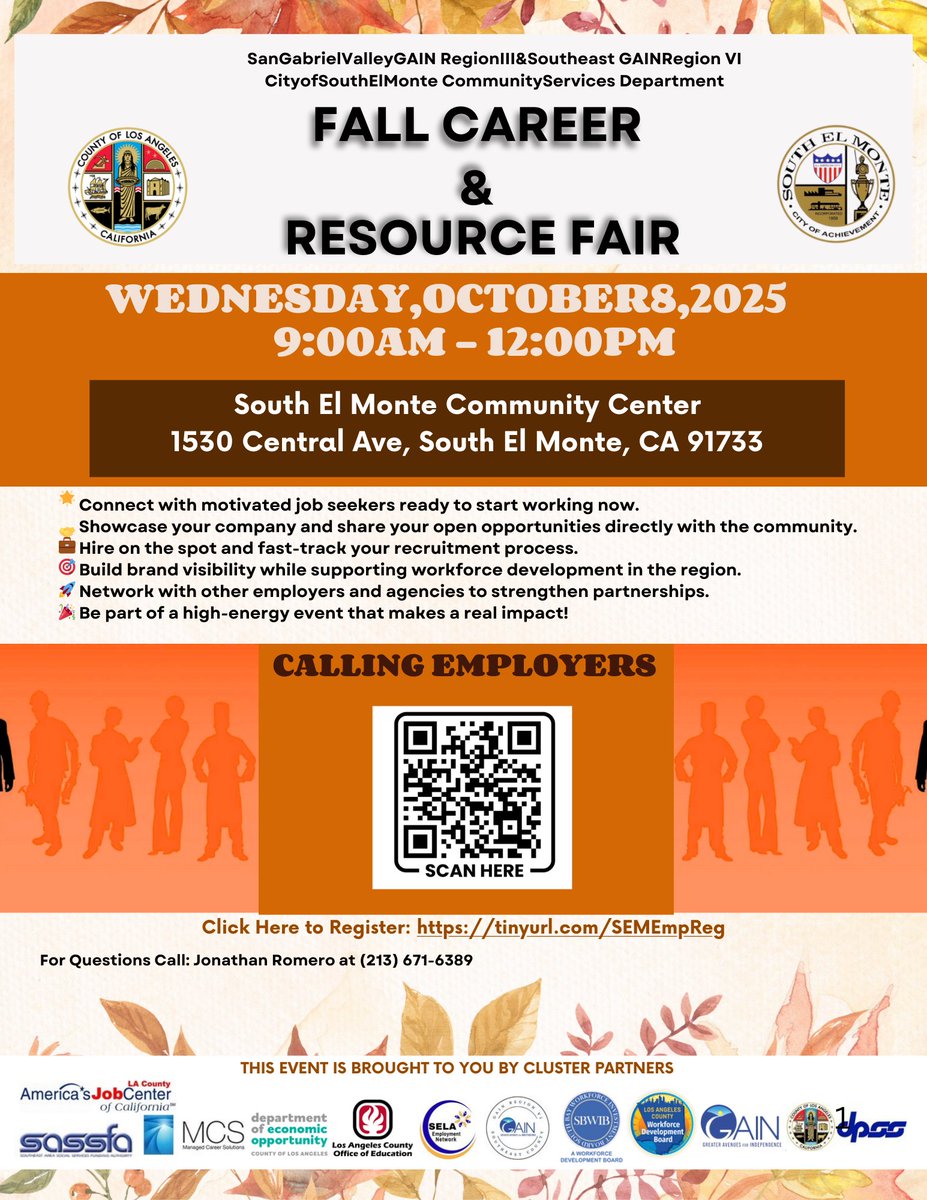 CSSDLA's tweet image. 🎉 Exciting news! Join @cssdla for the Fall Career &amp;amp; Resource Fair this Wednesday! 🍂✨ Connect with #childsupport professionals and explore amazing career opportunities! #SouthElMonte #CommunityResources

🗓️ Date: October 8, 2025, Time: 9 AM - 12 PM
