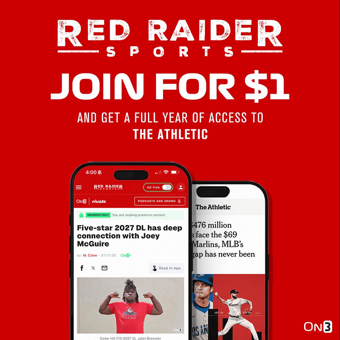 RedRaiderSports's tweet photo. Get https://t.co/c0qI1BMLHu for $1 your first week. As a bonus, your membership includes a complimentary year of The Athletic.

Sign up here ➡️ https://t.co/Xko7agsxqf https://t.co/t20QnfoMup