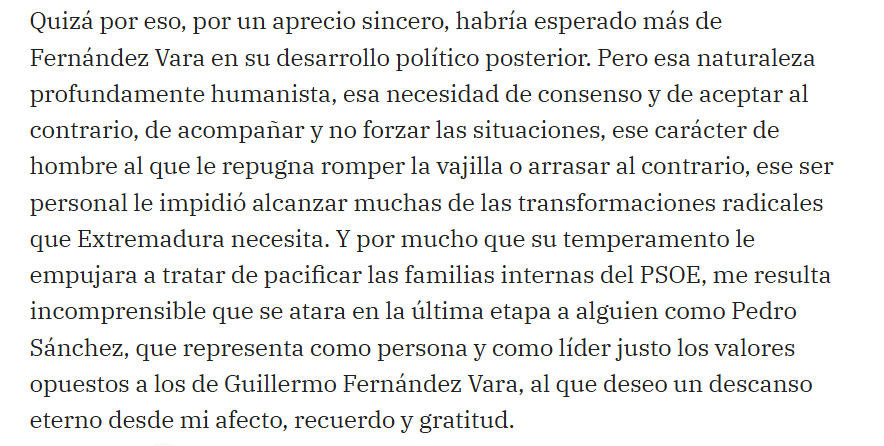 Cuando en los últimos días sólo se han oido alabanzas y elogios para con Vara, de una, de otra y de todas las partes, ¿era necesario semejante párrafo? 
¡Qué poquito tacto -por decirlo suavemente-, Sr. <a href="/julian_quiros/">Julián Quirós</a>! 
Hoy no venía a cuento, ni por asomo, hacer política.
