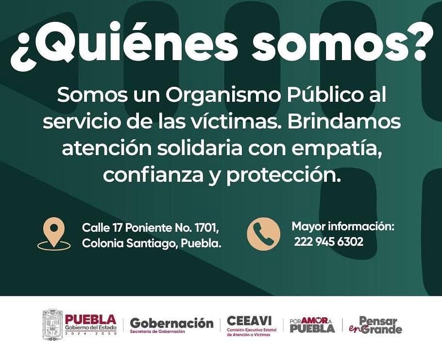 Comisión de Atención a Víctimas Puebla (@ceeavigobpue) on Twitter photo #PorAmorAPuebla 🫶 | Conoce el trabajo que realizamos <a href="/Gob_Puebla/">Gobierno de Puebla</a> , desde esta Comisión comprometida con la atención, orientación y acompañamiento integral a las víctimas.
📍 Calle 17 Poniente No. 1701, Colonia Santiago, Puebla.
📞 Más información: 222 945 6302 #PorAmorAPuebla 🫶 | Conoce el trabajo que realizamos <a href="/Gob_Puebla/">Gobierno de Puebla</a> , desde esta Comisión comprometida con la atención, orientación y acompañamiento integral a las víctimas.
📍 Calle 17 Poniente No. 1701, Colonia Santiago, Puebla.
📞 Más información: 222 945 6302