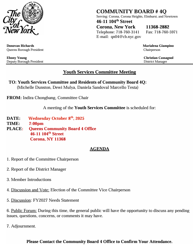 QueensCB4's tweet photo. 📢Join us TOMORROW NIGHT for our in-person Youth Services Committee Meeting!
📅 Wednesday, October 8th, 2025
🕖 7:00 PM
📍Community Board 4 Office — 46-11 104th St, Corona, NY 11368
🗣️The general public is welcome to attend.
See the agenda for more details. https://t.co/IgcRQRF6sZ