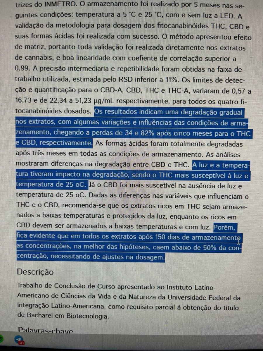 caducultiva's tweet photo. Do que adianta produzir bem e armazenar mal? Compostos se degradando a 25 °C e com luz direta.

Fonte: Estudo da Estabilidade de Fitocanabinoides em Extratos Medicinais de Cannabis sativa L, em Diferentes Condições de Armazenamento. https://t.co/Zv4ESkQpBk