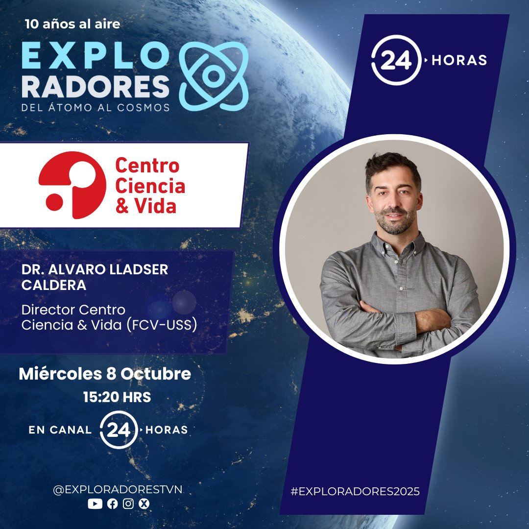 Exploradores del átomo al cosmos (@exploradorestvn) on Twitter photo 🌌 ¡Cerramos la 10ª temporada de #Exploradores2025 del átomo al cosmos con un capítulo imperdible! El protagonista será el Centro Ciencia & Vida, de la <a href="/FunCienciayVida/">Fundacion Ciencia & Vida</a> - <a href="/USanSebastian/">Universidad San Sebastián</a>, con la participación en estudio de su director, Dr. @alvarolladser. 
Conoce las 🌌 ¡Cerramos la 10ª temporada de #Exploradores2025 del átomo al cosmos con un capítulo imperdible! El protagonista será el Centro Ciencia & Vida, de la <a href="/FunCienciayVida/">Fundacion Ciencia & Vida</a> - <a href="/USanSebastian/">Universidad San Sebastián</a>, con la participación en estudio de su director, Dr. @alvarolladser. 
Conoce las