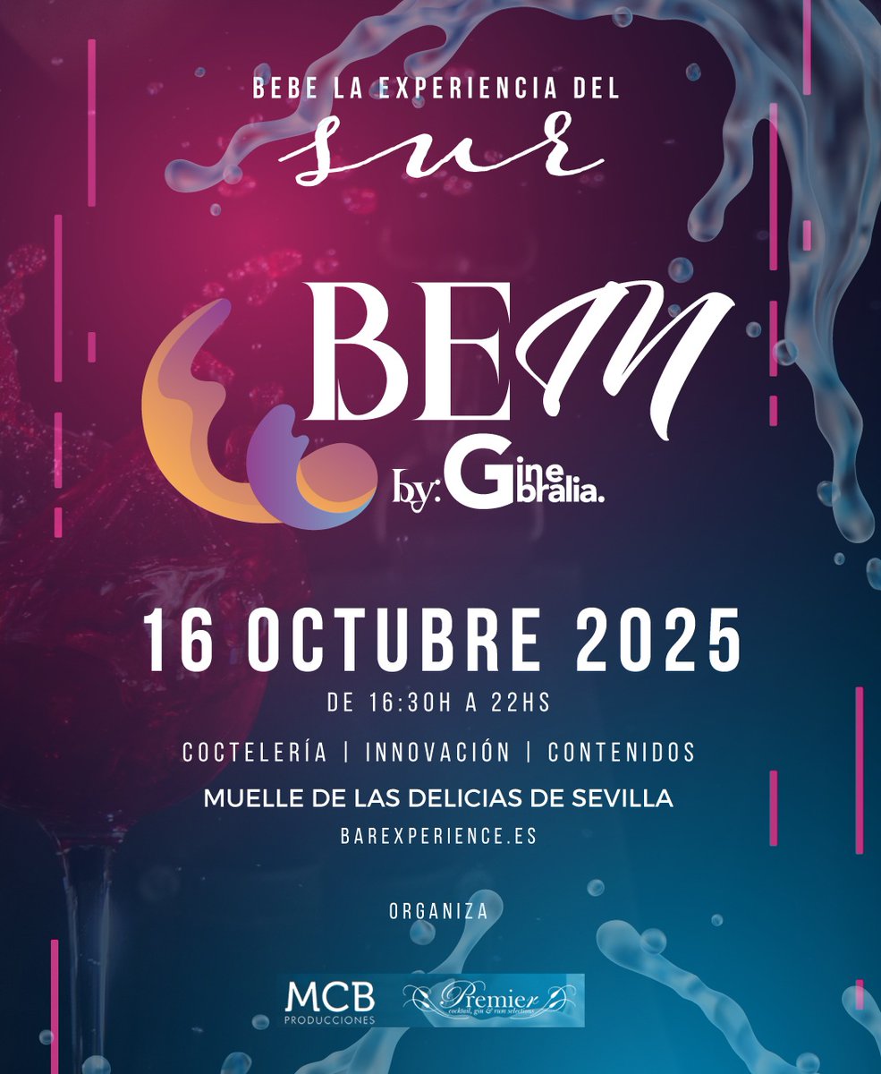 ✨ El 16 de octubre estaremos en 🍹 BEM by Ginebralia, en el 📍 Muelle de las Delicias (Sevilla).

Una cita imprescindible para descubrir las últimas tendencias del mundo bartender, la mixología y la innovación en coctelería.