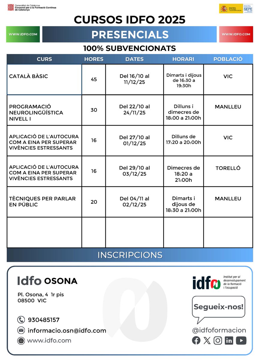 Últims cursos de l'any! Reserveu la vostra plaça!!
Només per treballadors-es en actiu.
Inscripcions a la nostra web:  idfo.com
#IDFOformacio  #cursossubvencionats
