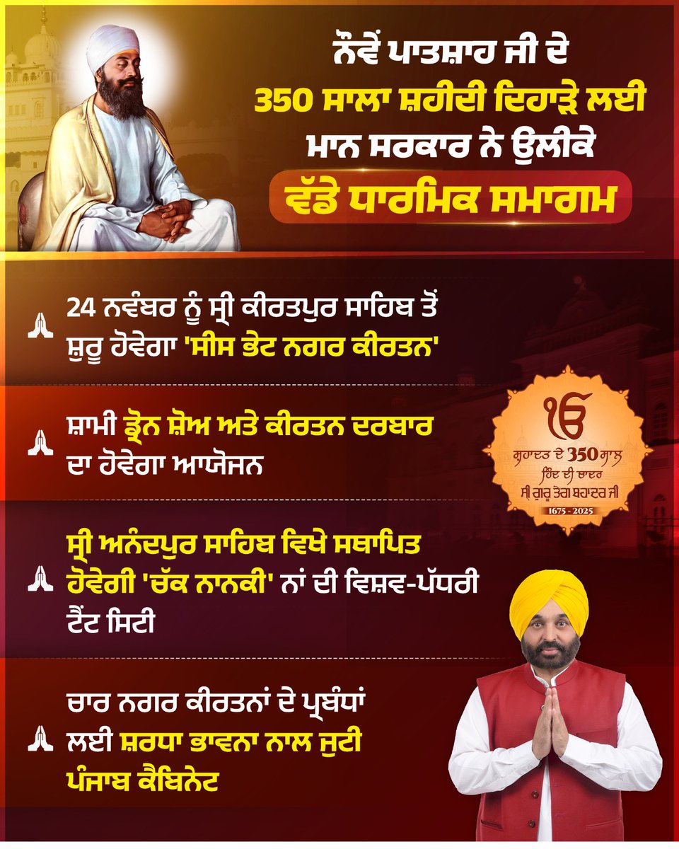 Laljitbhullar's tweet photo. ਵਾਹਿਗੁਰੂ ਜੀ🙏
ਨਗਰ ਕੀਰਤਨ, ਵਿਸ਼ਾਲ ਕੀਰਤਨ ਦਰਬਾਰ ਅਤੇ ਹੋਰ ਵੀ ਅਨੇਕਾਂ ਸਮਾਗਮ।
ਨੌਵੇਂ ਪਾਤਸ਼ਾਹ ਜੀ ਦੇ ਸ਼ਹੀਦੀ 350ਵੇਂ ਸ਼ਹੀਦੀ ਦਿਹਾੜੇ ਨੂੰ ਸਮਰਪਿਤ ਧਾਰਮਿਕ ਸਮਾਗਮਾਂ ਦੇ ਪ੍ਰਬੰਧਾਂ ਲਈ ਮਾਨ ਸਰਕਾਰ ਪੂਰੀ ਸ਼ਰਧਾ ਅਤੇ ਸਤਿਕਾਰ ਨਾਲ਼ ਜੁਟੀ ਹੋਈ ਹੈ। https://t.co/IpYvDjNs2Z