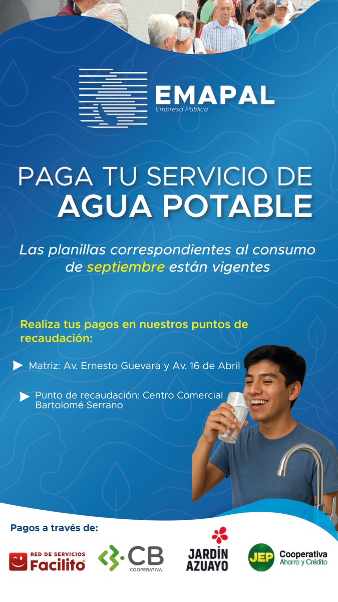 EMAPALAzogues's tweet photo. Los pagos del consumo de agua potable del mes de septiembre ya están disponibles. https://t.co/QaLhRMI2Gj