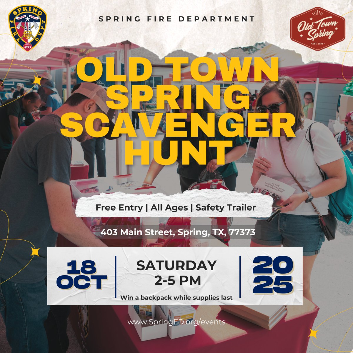 Springfdtx's tweet image. Mark Your Calendars for a fun, free event the whole family can enjoy! Spring Fire is teaming up with @oldtownspringtx for a fun afternoon scavenger hunt on Saturday. October 18. Come win some fun prizes while you learn more about fire safety!

#FirePreventionMonth #springtx…