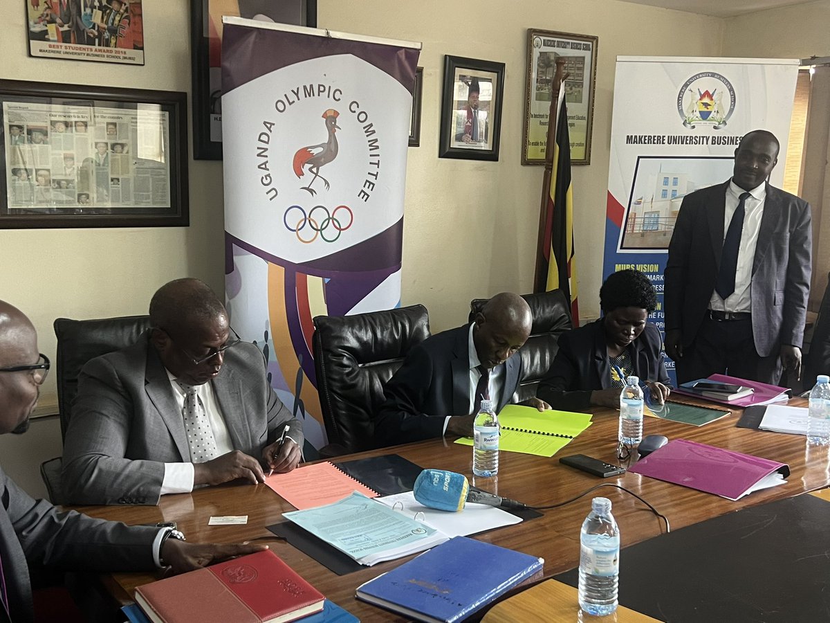 ProfMuhwezi's tweet photo. I signed an MOU on behalf of @OfficialMubs and @Official_UOC marking a milestone for the introduction of diploma and postgraduate diploma courses in sports education. We're thrilled to partner on this initiative, which will provide students with a comprehensive education combining academic rigor and sports expertise. By institutionalizing sports education, we aim to foster well-rounded individuals with improved discipline and a strong foundation for success.
@drukare @UgandaOlympics @Mglsd_UG 
@nbstv @DailyMonitor @ubctvuganda