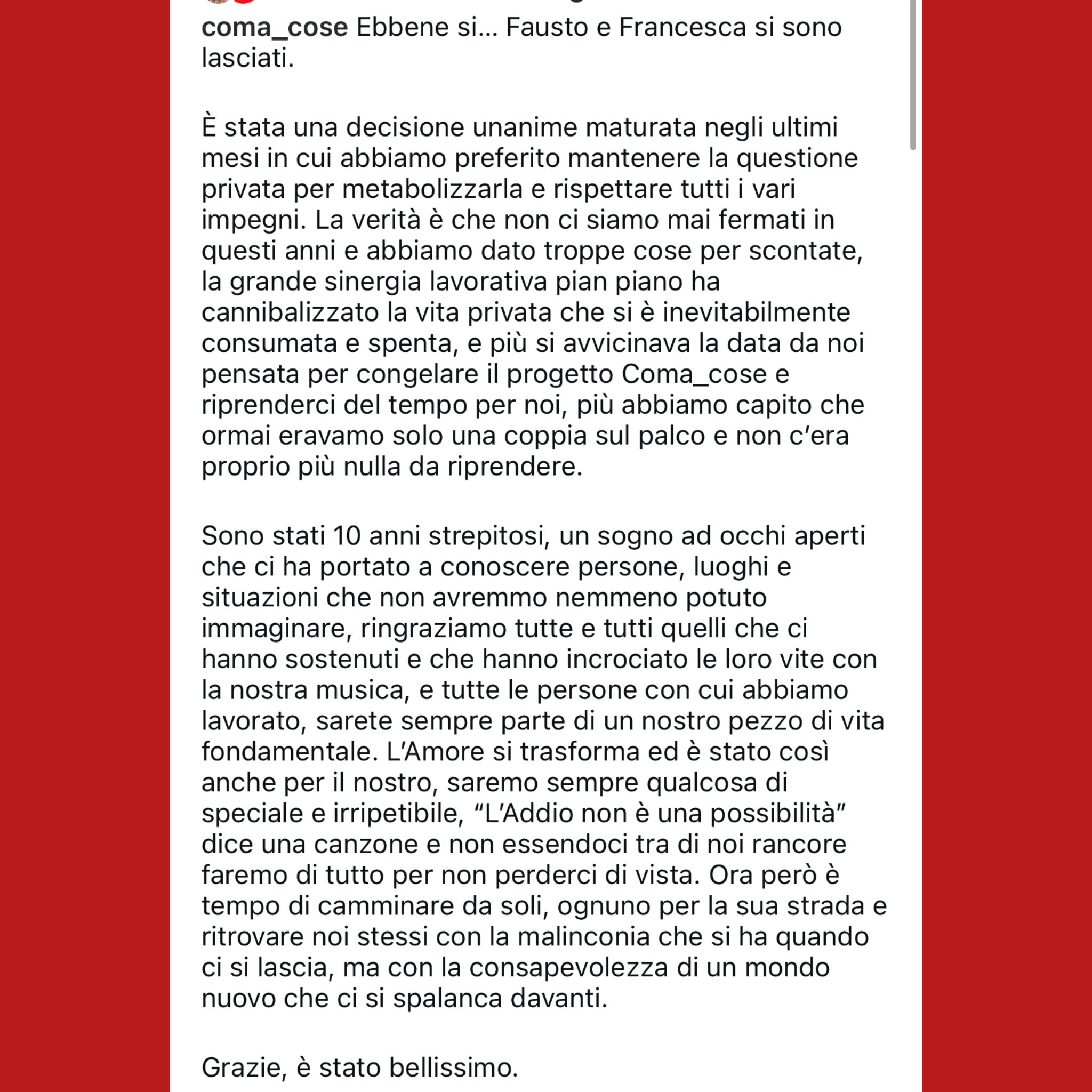 trashbiccis on X: "Coma Cose annunciano rottura ufficiale. https://t.co/6jqr79bDjs" / X