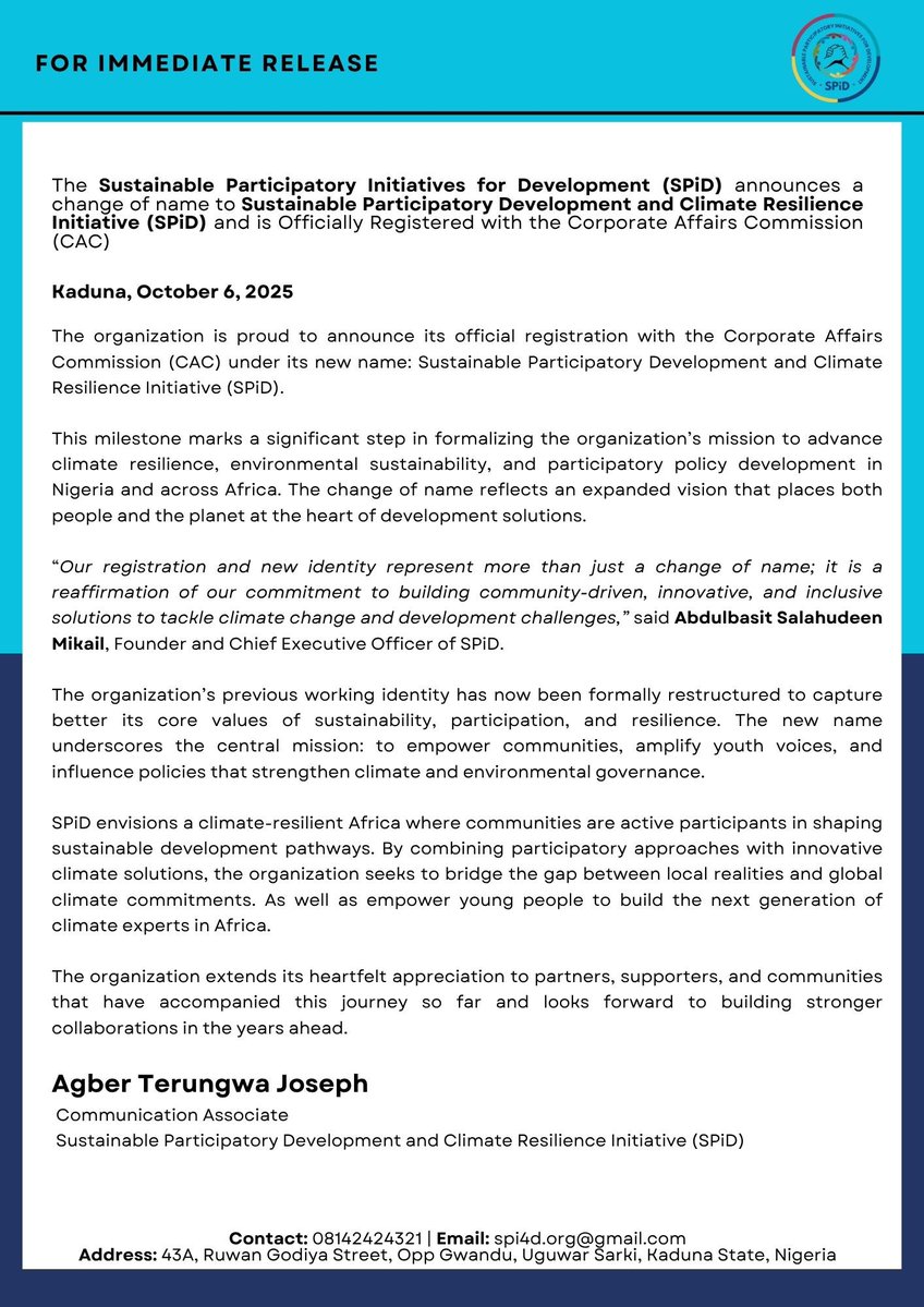 We’re excited to share that our organization is now officially registered with the Corporate Affairs Commission (CAC) under our new name:

Sustainable Participatory Development and Climate Resilience Initiative (SPiD)