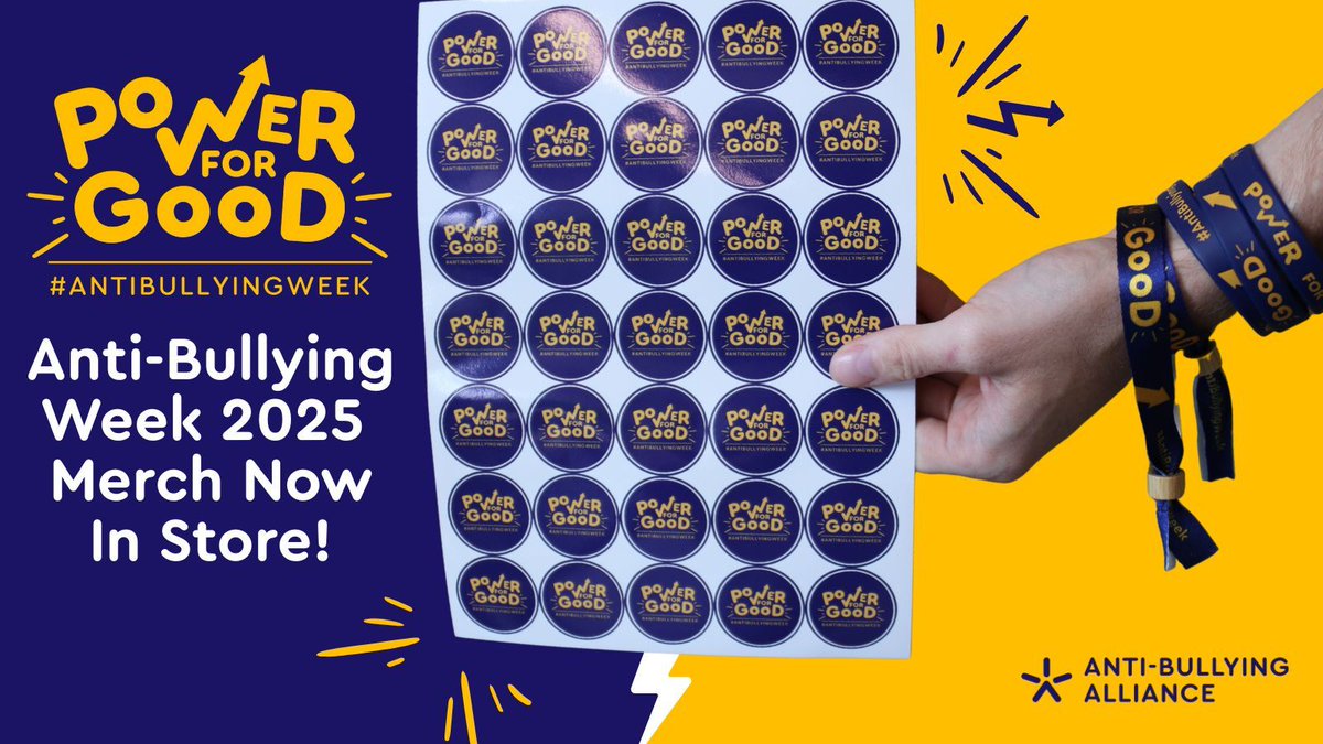 ABAonline's tweet image. 🚨 NEW STOCK ALERT 🚨 

Get set for #AntiBullyingWeek 2025 with our official #PowerForGood merchandise! 👕✨ 

Show your support with wristbands, stickers, t-shirts, and school bundles - perfect for raising awareness in style. 

🛍️ Shop now: anti-bullyingalliance.org.uk/get-involved/a…