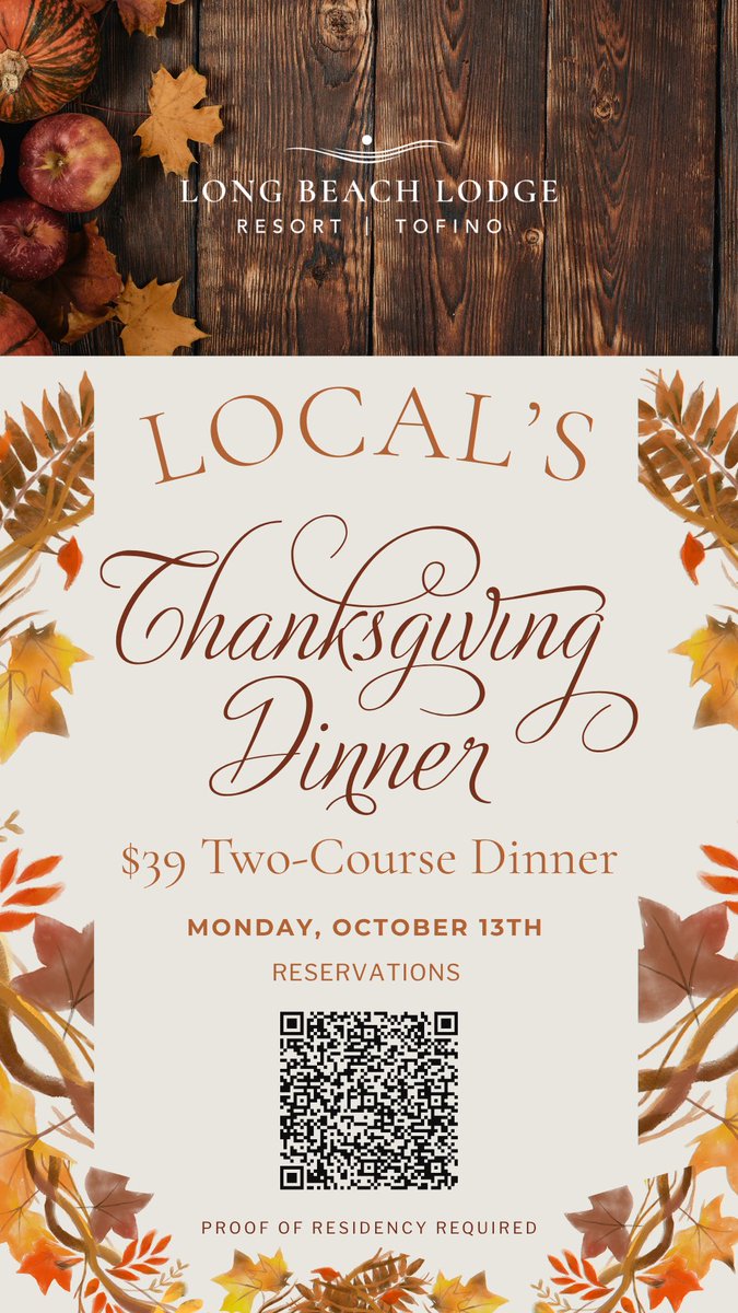 We’re inviting residents of Tofino &amp; Ucluelet to join us for Thanksgiving Dinner at the Resort. Gather with friends, family, and community to celebrate the season together! 

RESERVATIONS | opentable.ca/booking/restre…