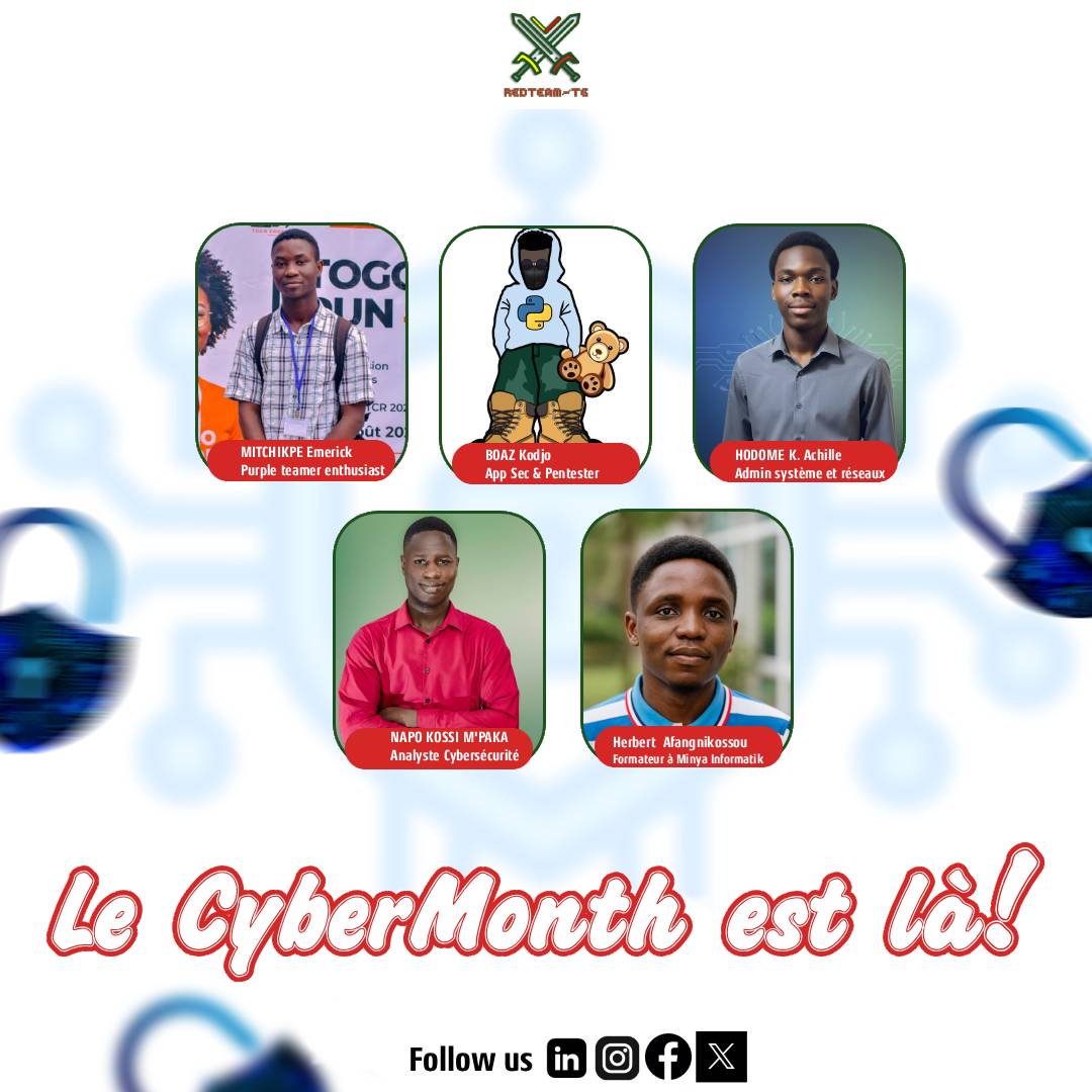 Feuille de route de votre Mois de la Cybersécurité.

- Dimanche 19 octobre : Phishing, arnaques en ligne &amp; ingénierie sociale : savoir reconnaître pour se protéger
- Dimanche 26 octobre : Analyse de Malwares

#RedTeamTG #CyberMonth2025 #CyberMonth #CybersécuritéTogo #TogoTech