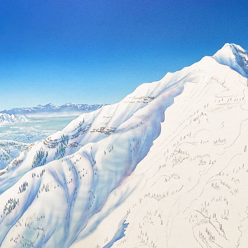 Once the sky is applied with an airbrush, it’s time to tackle a few shadows and lay the groundwork for what will become the mapped ski slopes. At this point, my client has approved an initial graphite sketch, any corrections or tweaks have been executed and it’s time to paint!