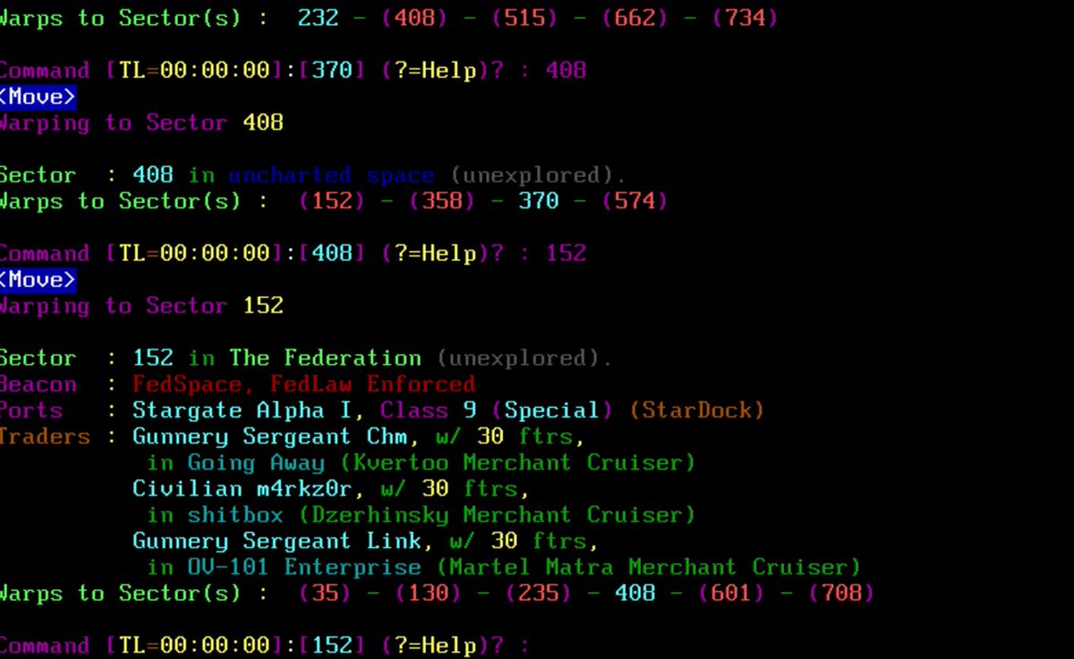 섹터와 명령이 컬러 ASCII 아트로 표시된 레트로 텍스트 기반 게임 스크린샷