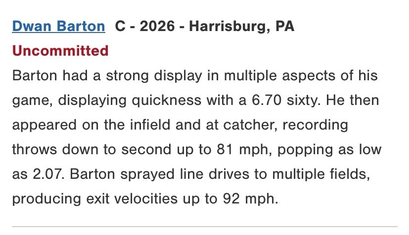 Dwan Barton (@dwanbarton6) on Twitter photo Grateful to be selected to the Top Prospect List at the 2025 PG Fall East Coast Showcase 🙌⚾️ #PGShowcase #TopProspect <a href="/PerfectGameUSA/">Perfect Game USA</a> <a href="/BUncommitted/">Baseball_Uncommitted</a> <a href="/PG_Uncommitted/">PG_Uncommitted</a> <a href="/uncommittedBBs/">#UNCOMMITTED BASEBALL⚾️🇺🇸🔥</a> Grateful to be selected to the Top Prospect List at the 2025 PG Fall East Coast Showcase 🙌⚾️ #PGShowcase #TopProspect <a href="/PerfectGameUSA/">Perfect Game USA</a> <a href="/BUncommitted/">Baseball_Uncommitted</a> <a href="/PG_Uncommitted/">PG_Uncommitted</a> <a href="/uncommittedBBs/">#UNCOMMITTED BASEBALL⚾️🇺🇸🔥</a>