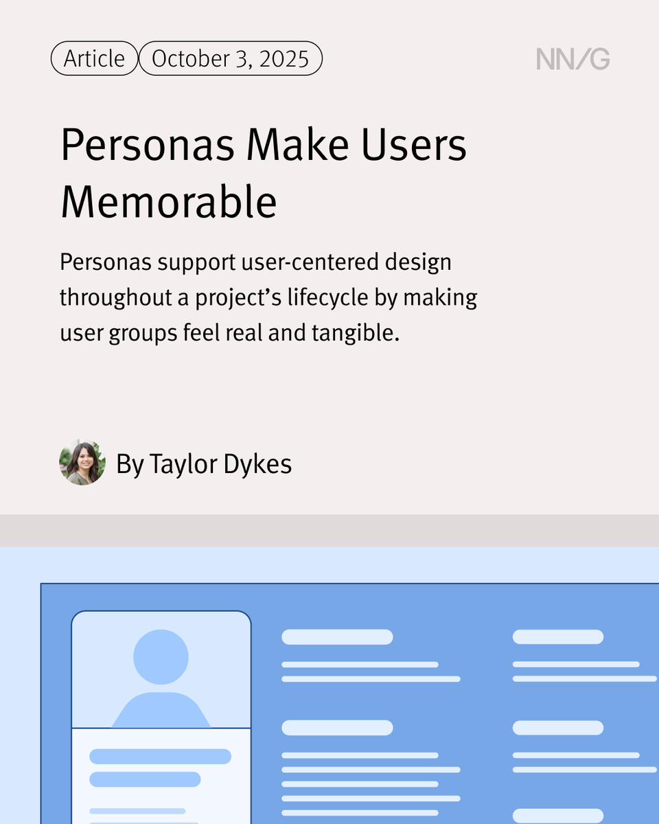 NNgroup's tweet photo. ๐๏ธ Aligning UX Metrics with Organizational Goals: A Workshop Guide
๐๏ธ Personas Make Users Memorable
๐น GenUI: AI-Generated Interfaces
Check them out: https://t.co/GIf5JRior3
#NNGroup #UpToDate https://t.co/Isg11MmFg9