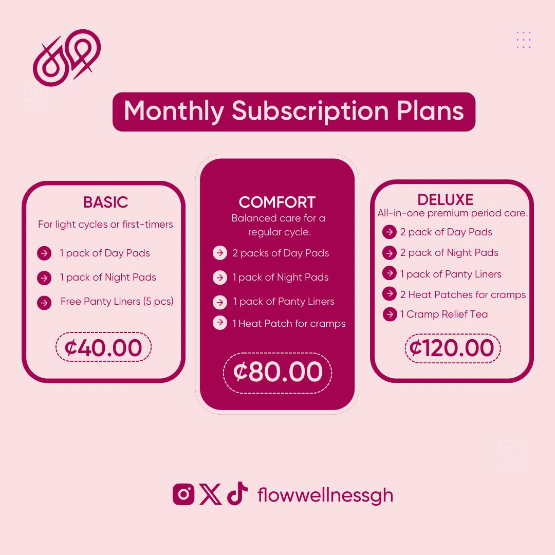 flowwellnessgh's tweet image. Introducing our monthly and yearly pad subscription plans!! No matter the plan we got you!!!! Subscribe now!!! Comment Flow for more details! #flowwellness  #flow #subscription #pads