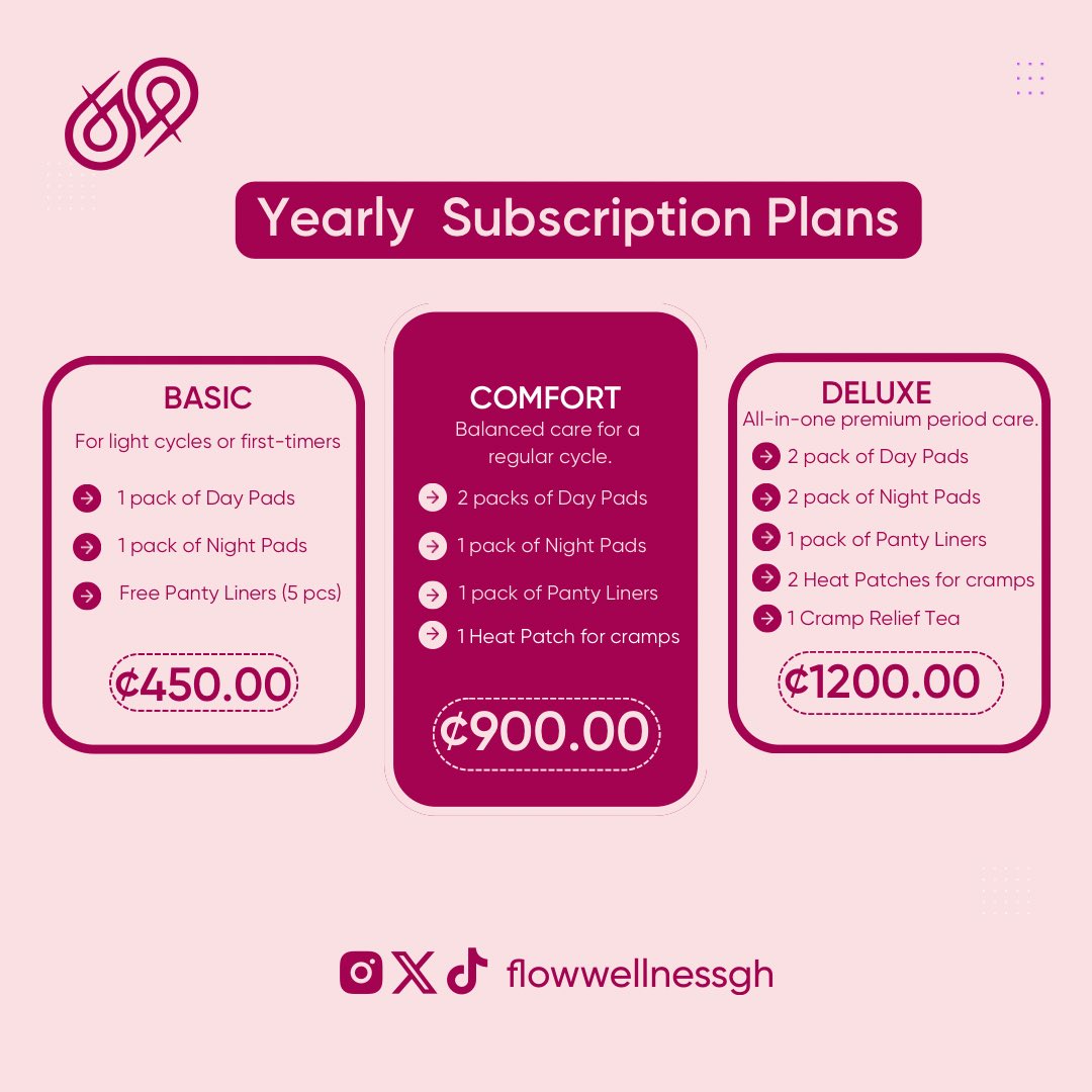 flowwellnessgh's tweet image. Introducing our monthly and yearly pad subscription plans!! No matter the plan we got you!!!! Subscribe now!!! Comment Flow for more details! #flowwellness  #flow #subscription #pads