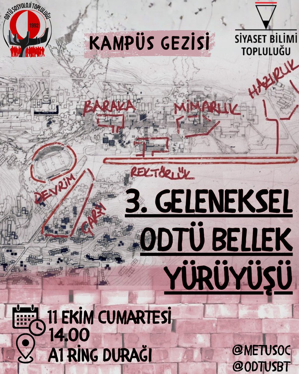 Herkese selamlar! 3. Geleneksel ODTÜ Bellek Yürüyüşü'müz için 11 Ekim saat 14.00'da Karakaya kapısında buluşuyoruz! Hepinizi bekliyoruz 🌼